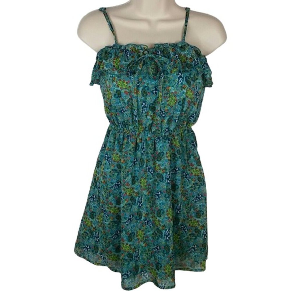 Mossimo xs sundress blue green‎ paisley floral ruffled top spaghetti strap